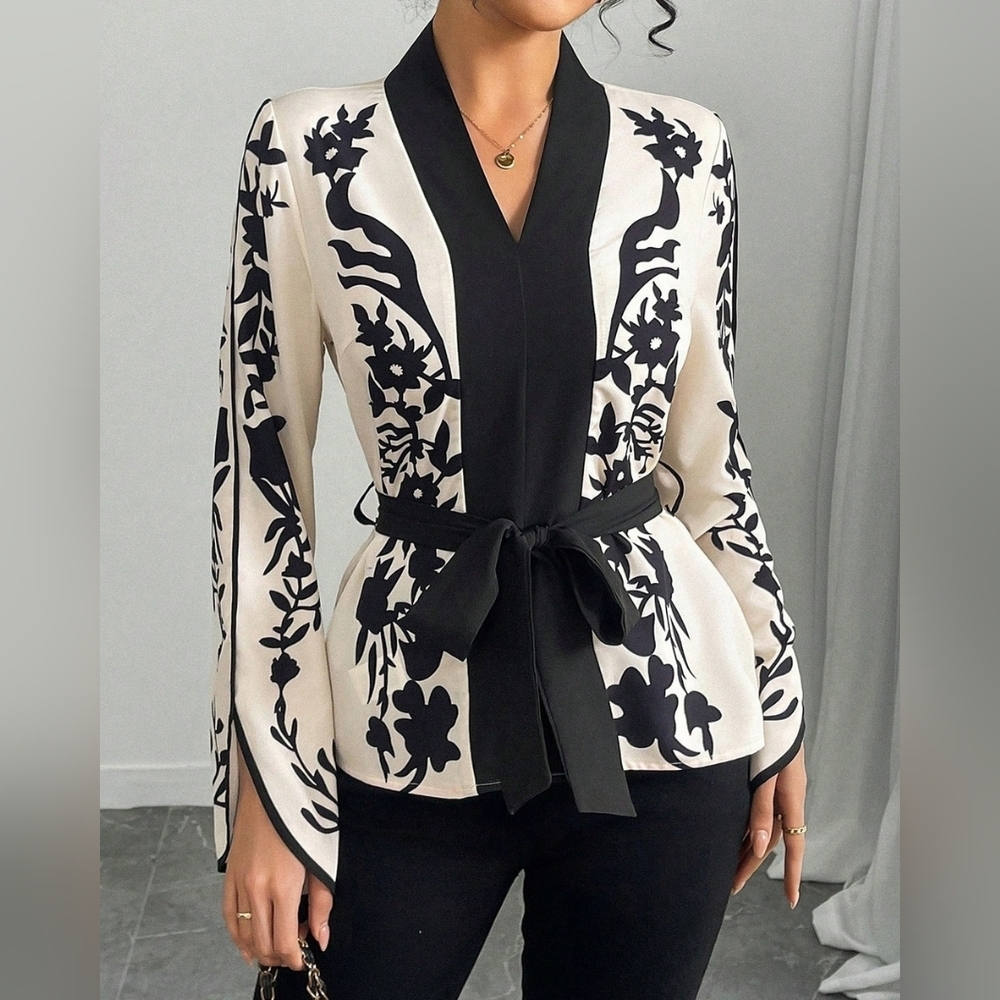 Black & White Floral Tie-Waist Button Down Top